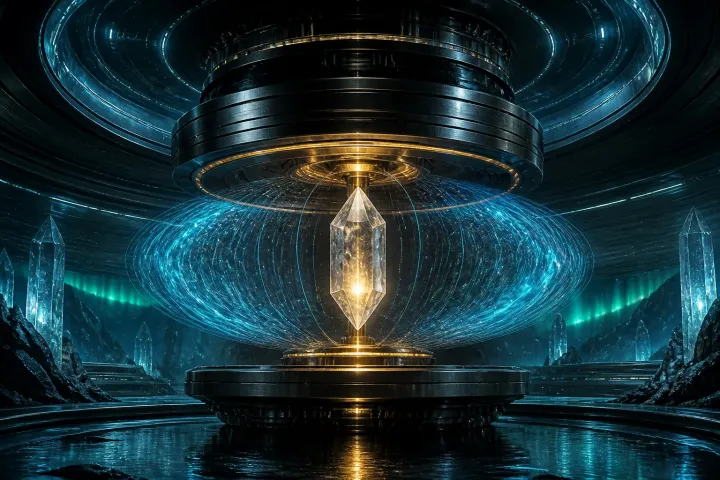 Anéis metálicos em contra-rotação envolvem cristal dourado e plasma ciano num motor Vril toroidal.