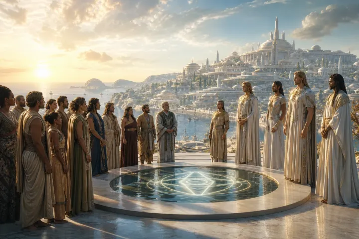 Povos terrestres e guardiões estelares reúnem-se diante da primeira cidade atlante ao nascer do Sol.