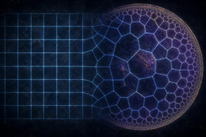 Comparação visual entre uma grade plana regular e uma tesselação curvada que se multiplica dentro de um disco.