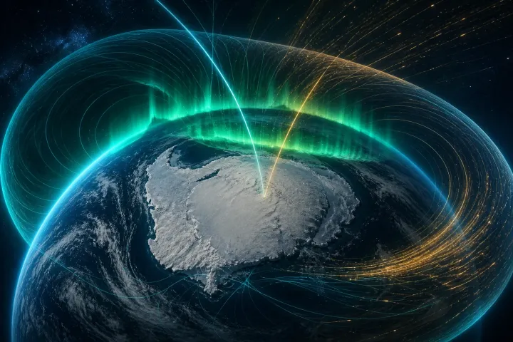 Linhas magnéticas toroidais envolvem a Terra e convergem em centros ligeiramente deslocados sobre a Antártida.