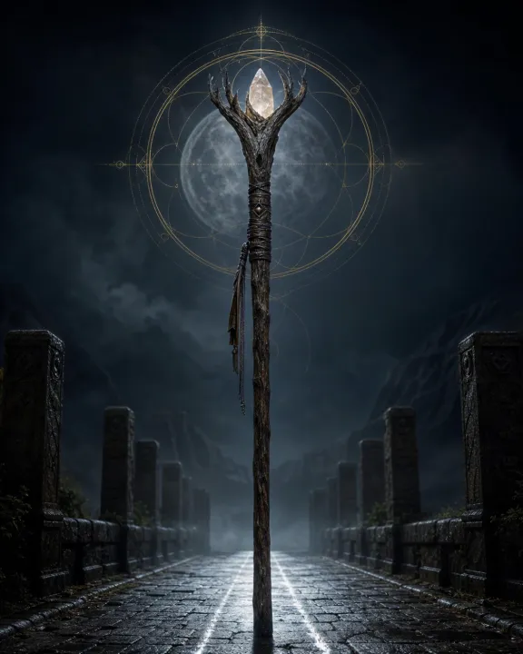 Representação artística original de Cajado de Gandalf — autoridade sem dominação no padrão visual Geometria Oculta