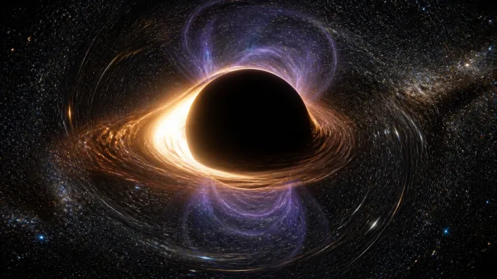 Esfera negra cercada por anel luminoso curva e distorce o campo de estrelas ao redor.