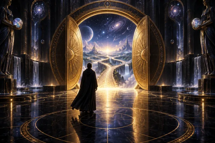 Silhueta humana diante de um portal circular aberto, com vários caminhos sob estrelas e nenhuma fechadura.