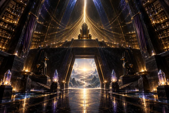 Fios de luz convergem para um trono vazio no alto de um arquivo piramidal de obsidiana, com uma saída iluminada na base.