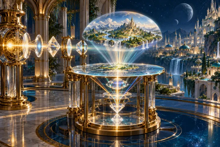 Um aparelho de cristal e metal projeta uma pequena paisagem habitada dentro de uma câmara de uma cidade luminosa.