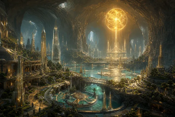 Torres de cristal, jardins, canais e um sol de plasma compõem uma cidade intraterrena monumental.