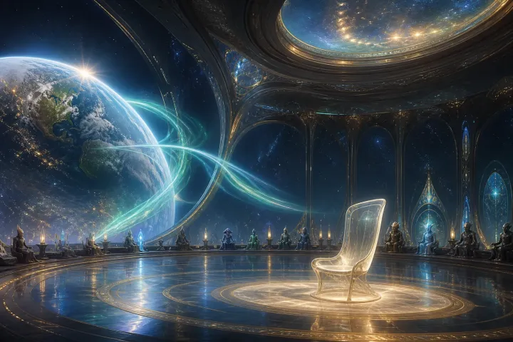 Uma aurora forma uma ponte entre a Terra e uma estação do conselho onde uma cadeira luminosa permanece vazia.