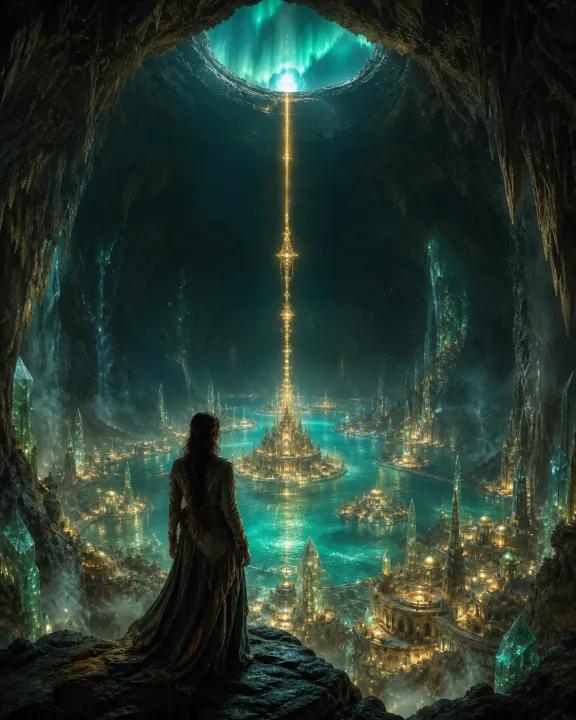 Uma exploradora contempla a cidade cristalina de Agartha, seu oceano interior e o eixo que alcança a aurora.