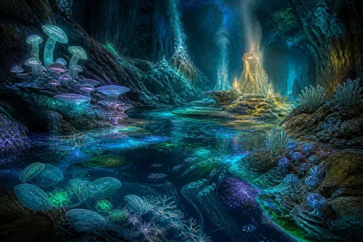 Organismos bioluminescentes e fontes minerais sustentam um ecossistema luminoso no interior da Terra.