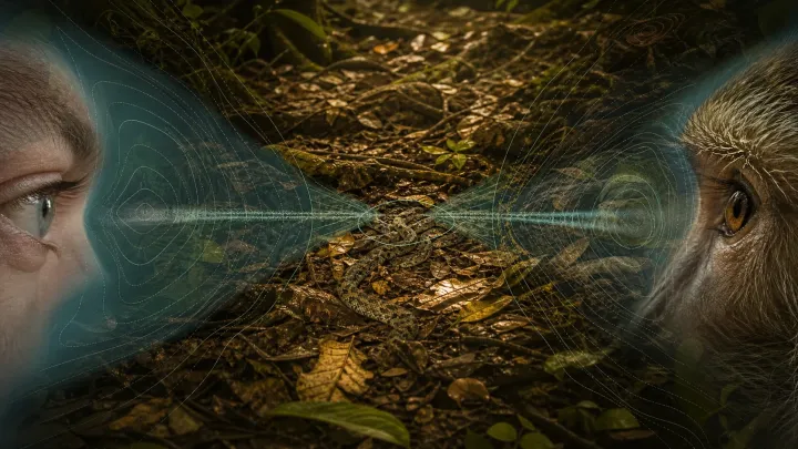 Serpente camuflada entre folhas é localizada por campos de atenção visual humana e de outro primata.