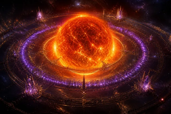 A gigante âmbar Arcturus é envolvida por anéis de engenharia e plasma toroidal violeta.