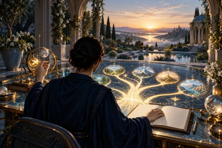 Uma pessoa observa caminhos luminosos numa mesa de navegação e ajusta um instrumento diante de um jardim ao amanhecer.