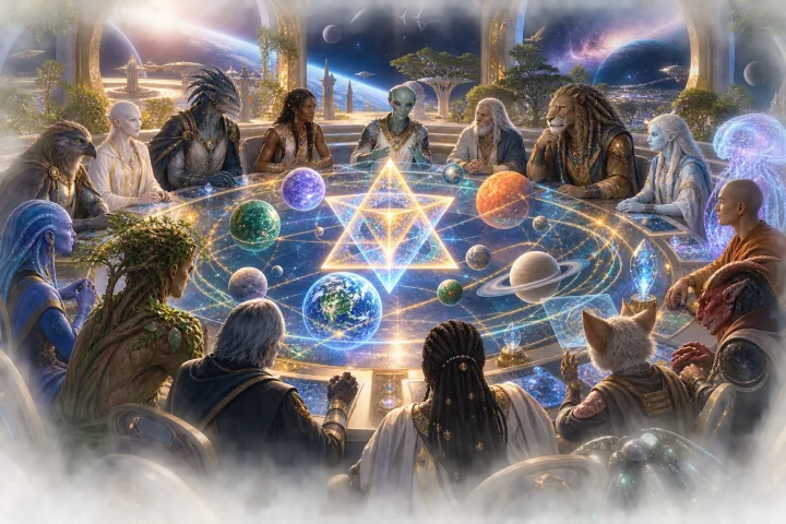 Representantes de mundos diferentes reúnem-se ao redor de planetas conectados e de um hexagrama tridimensional luminoso.
