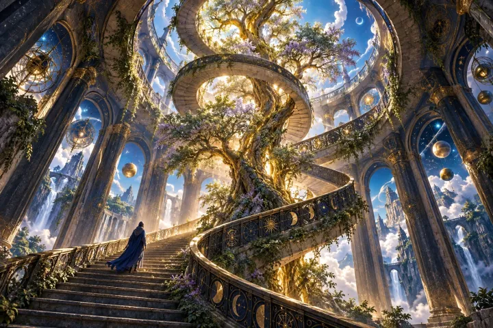 Escadaria circular se transforma em espiral ascendente ao redor de uma árvore luminosa.