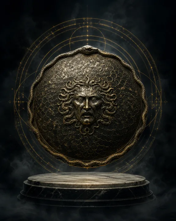 Representação artística original de Égide — o terror protetor de Zeus e Atena no padrão visual Geometria Oculta