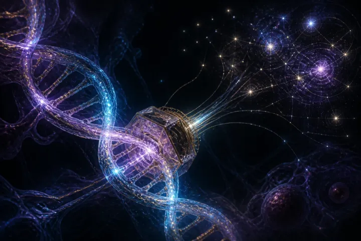 Dupla hélice luminosa atravessa um microdispositivo cristalino e conecta-se a uma cartografia estelar.