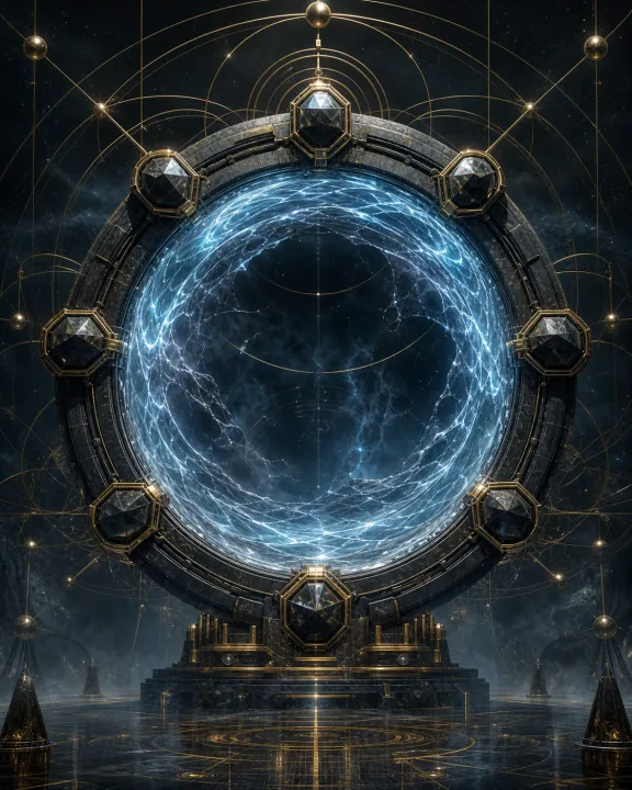 Representação artística original de Stargate — o círculo que transforma distância em endereço no padrão visual Geometria Oculta