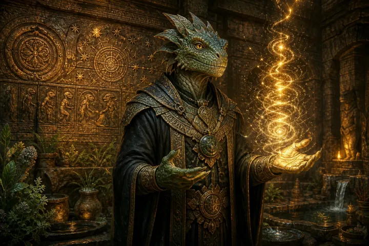 Um mestre reptiliano de escamas jade ensina uma espiral dourada de kundalini entre plantas e inscrições antigas.
