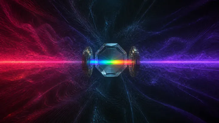 Estreita faixa de cores atravessa um cristal entre extensos campos de frequências invisíveis.