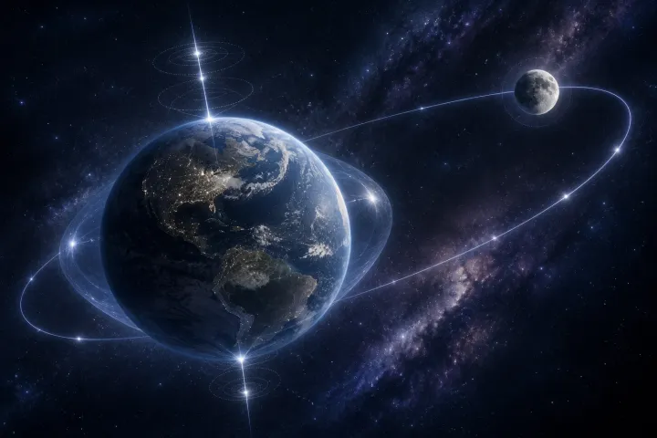 Sistema Terra-Lua exibe marés, órbita luminosa e eixo planetário estabilizado por uma geometria sutil.
