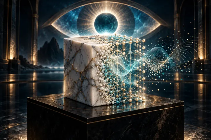 Um cubo de mármore se abre em uma trama de pontos luminosos e ondas diante de uma abertura que lembra um olho.