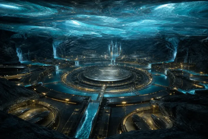 Complexo circular subterrâneo integra docas, água geotérmica, rocha negra e uma nave discoidal sob o gelo azul.