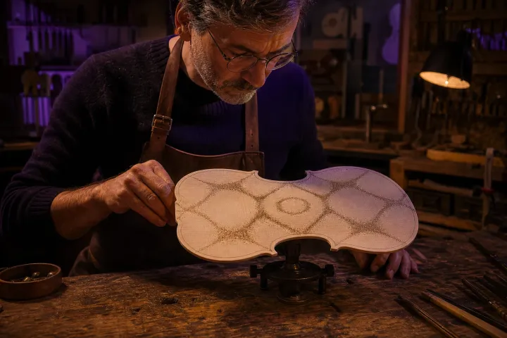 Luthier examina grãos acumulados em linhas nodais sobre o tampo inacabado de um violino.