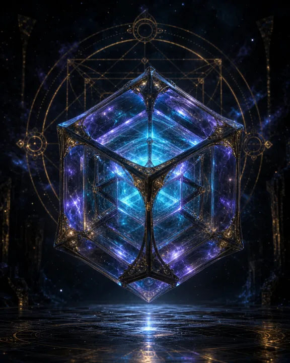 Representação artística original de Tesseract e Cubo Cósmico — o infinito em forma finita no padrão visual Geometria Oculta