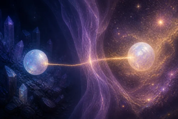 Duas esferas opalescentes em campos distintos permanecem unidas através de um véu violeta.