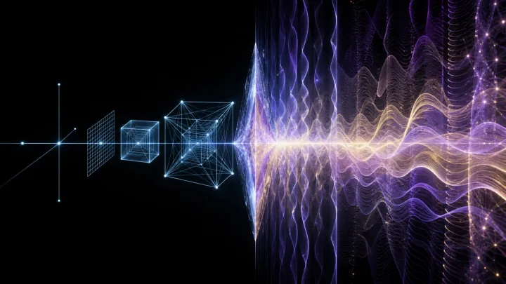 Linha, plano, cubo e hipercubo transformam-se gradualmente em um campo de ondas luminosas.