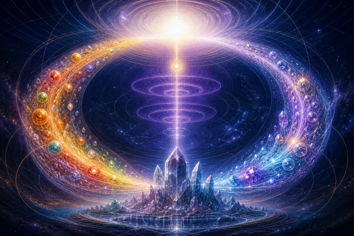 Fluxo toroidal liga uma Fonte luminosa a um mundo cristalino e retorna carregado de experiências.