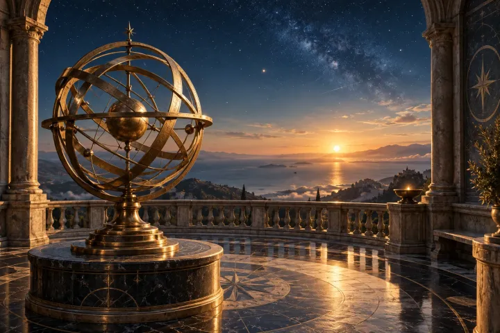 Esfera armilar de latão em um terraço diante do horizonte ao amanhecer
