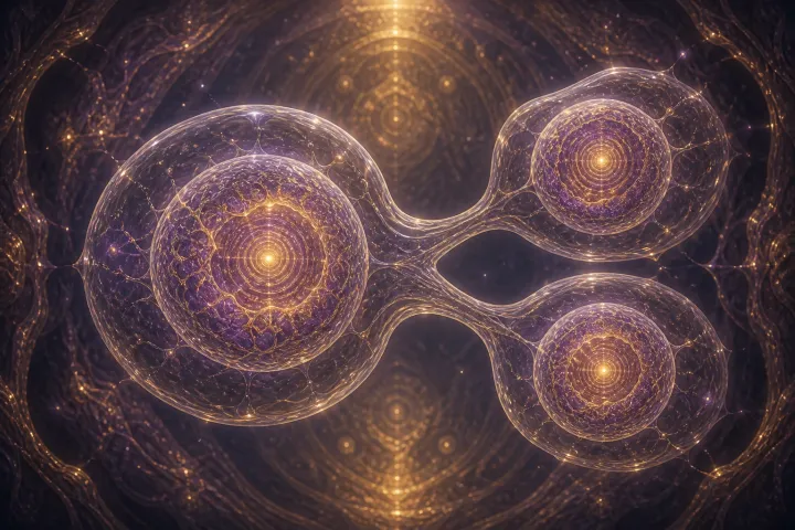 Uma célula opalescente divide-se em duas, preservando nos núcleos o mesmo padrão concêntrico dourado.