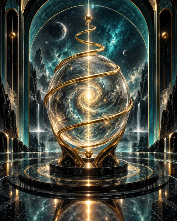 Esfera cristalina envolvida por espiral dourada em um arco cósmico turquesa.