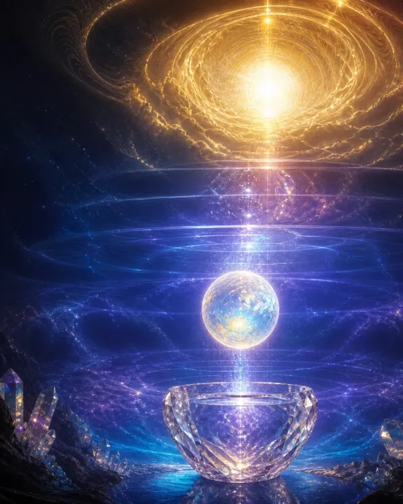 Esfera luminosa ascende verticalmente por estratos cósmicos até uma grande abertura dourada.