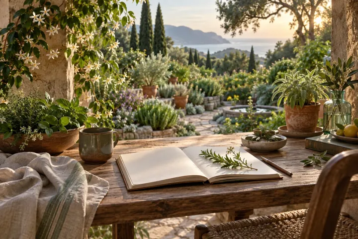 Mesa junto à janela com caderno, livro aberto e vaso de alecrim, sem velas acesas ou recipientes de preparo