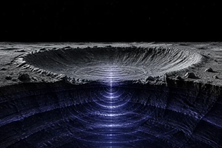 Ondas prateadas atravessam a rocha lunar e delineiam camadas concêntricas sob uma grande cratera.