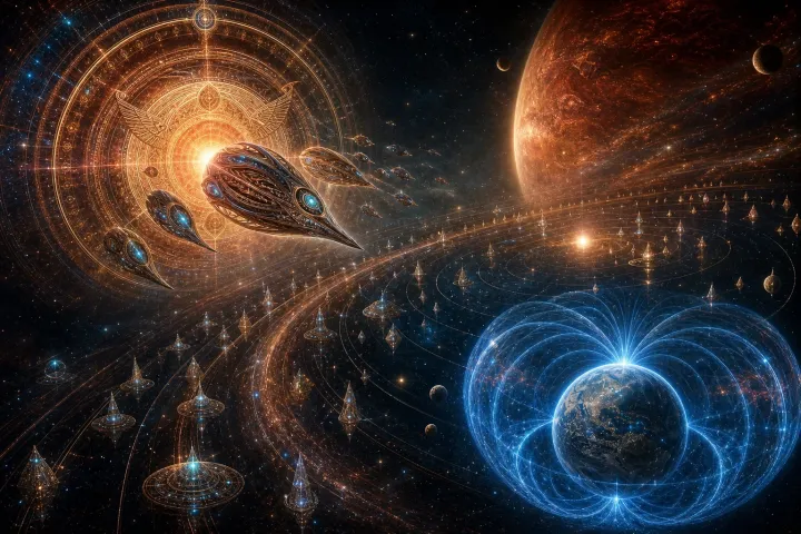Conselho interestelar e naves atravessam uma janela toroidal próxima de Nibiru em direção à Terra protegida.