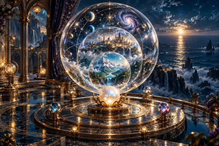 Camadas transparentes de paisagens e estrelas convergem em uma esfera luminosa sobre um observatório.