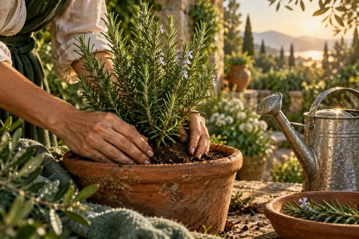 Mãos adultas cuidando da terra de um vaso de ervas, com ferramentas simples e folhas verdes ao redor