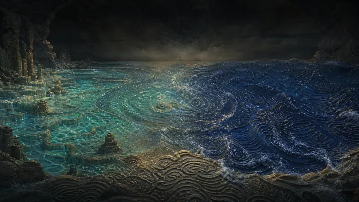 Duas massas de água primordial, uma doce e luminosa e outra salgada e profunda, misturam-se antes do céu estrelado.