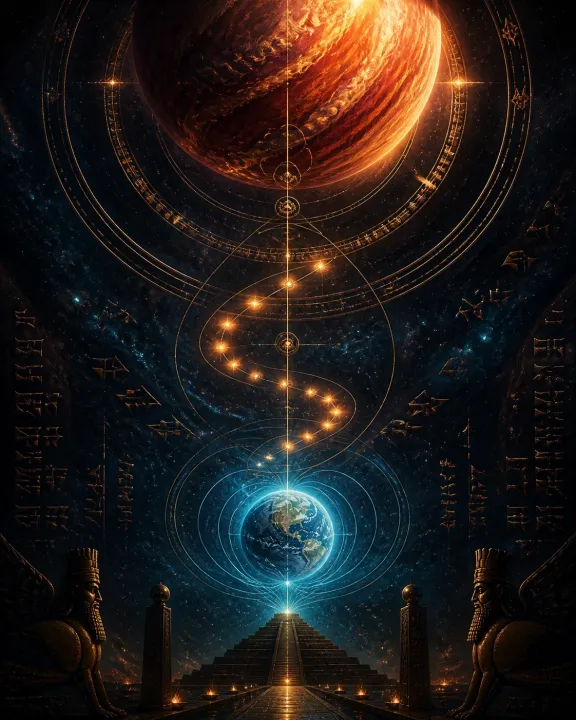 Composição vertical reúne Nibiru, anéis de um relógio celeste, a Terra e símbolos de calendários antigos.