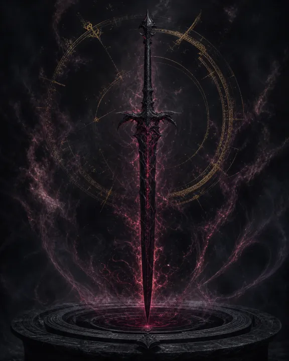 Representação artística original de Stormbringer — a espada negra que devora almas no padrão visual Geometria Oculta