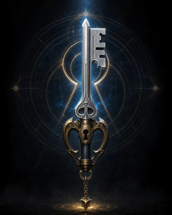Representação artística original de Keyblade — a chave que também é espada no padrão visual Geometria Oculta