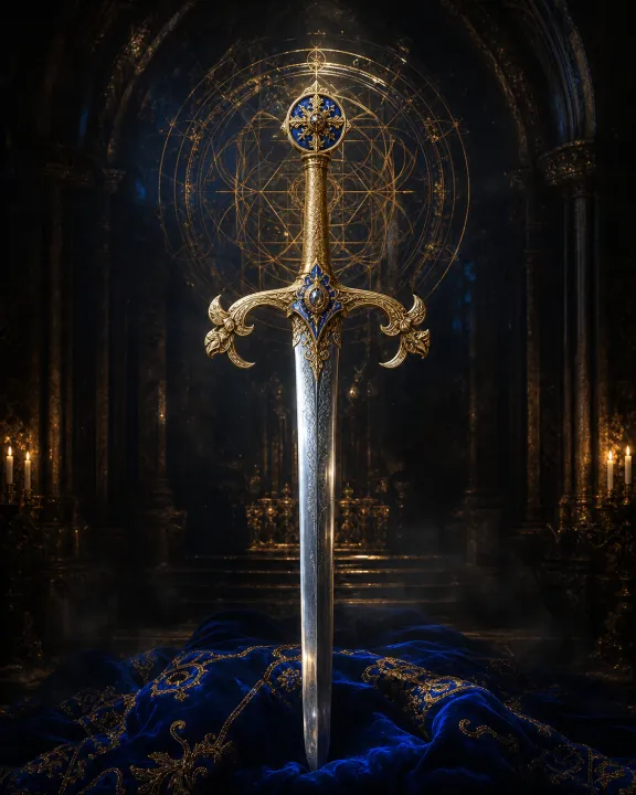 Representação artística original de Joyeuse — a espada da coroação francesa no padrão visual Geometria Oculta