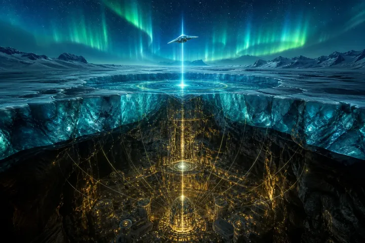 Auroras e linhas magnéticas atravessam o gelo e alcançam uma cidade luminosa no interior do planeta.