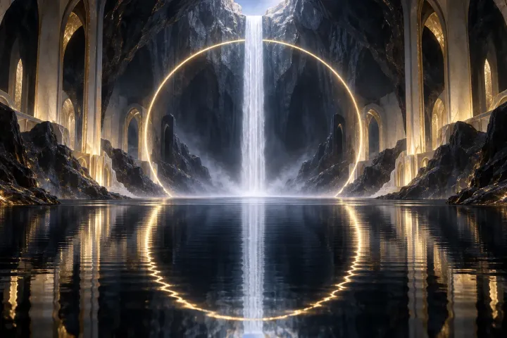 Cascata em uma caverna diante de um círculo luminoso refletido no lago.