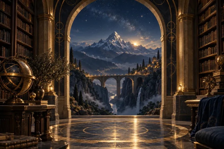 Montanha distante vista através de um arco de biblioteca, com ponte sobre um vale