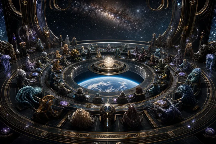 Conselho circular reúne numerosas civilizações extraterrestres ao redor de uma esfera luminosa e da Terra.