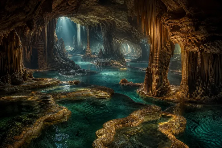 Rios subterrâneos percorrem terraços minerais e colunas monumentais em um vasto sistema de cavernas.